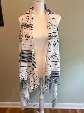 Kimono Vest Beach Cover-up Black/ White Tribal Print Tie-Front Shawl, OS